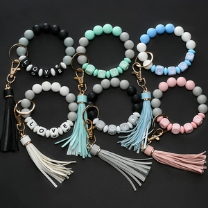 Silicone Bead Keychain Wristlet For Women LOVE Letter Beads Bangle Keychain With PU Leather Tassel Anti-Lost Hand Ring Keyring