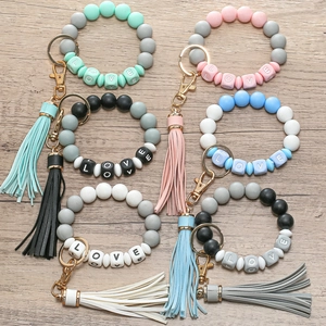 Silicone bead LOVE letter keychain bracelet with leather tassel in various colors