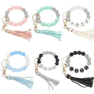 Silicone LOVE beaded bracelet keychain set with tassels and gold metal rings in six colors