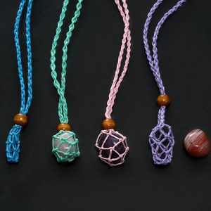 Handmade Woven Wax Rope Necklace Net Pocket Adjustable Length Wood Bead Bohemian Ethnic Style Necklace Cord For Stones Jewelry