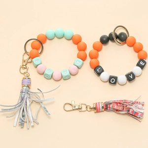 Colorful silicone bead bracelet keychain with LOVE letters and leather tassel pendant