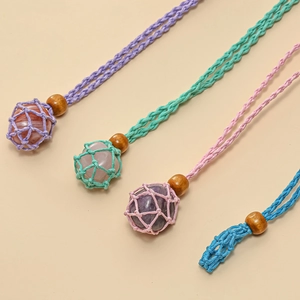 Handmade woven cord necklaces with natural stones in bohemian net pouch style