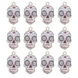 Detailed set of 12 colorful sugar skull charms with floral enamel patterns for DIY jewelry