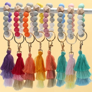 Silicone bead tassel keychain bracelet with hexagonal wood bead and lobster clasp set