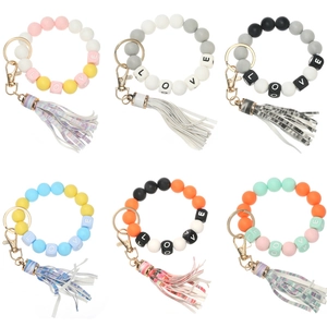 Colorful silicone bead keyring bracelets with LOVE letters and leather tassels in 6 styles