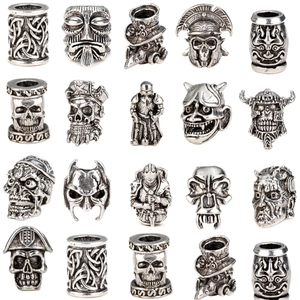 Vintage silver Viking beard beads with various skull and warrior designs in a 4x5 grid