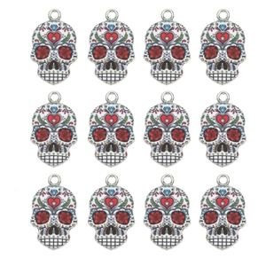 Set of 12 sugar skull alloy charms with colorful enamel floral details for DIY jewelry