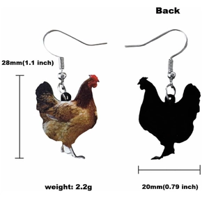 Detail view showing dimensions and back silhouette of realistic hen acrylic earrings