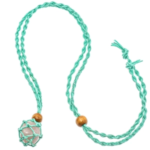 Detail of mint green handmade woven rope necklace with a pink gemstone in a mesh pouch