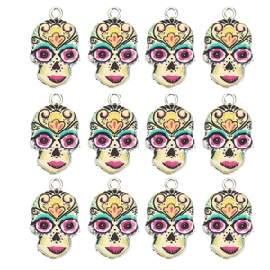 Bulk set of 12 colorful sugar skull alloy charms for DIY necklaces and bracelets