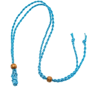 Detail of blue hand-woven cord necklace with dark wood beads and small stone mesh pocket