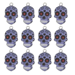 Set of 12 purple enamel skull charms with black scroll patterns for DIY jewelry making
