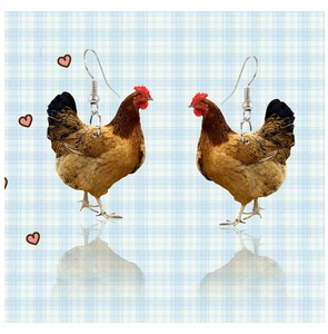 Detailed view of creative acrylic brown hen earrings with realistic printed animal design