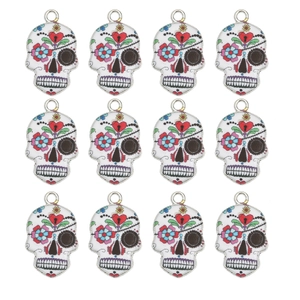 Set of twelve colorful skull alloy pendants with floral heart patterns for DIY jewelry