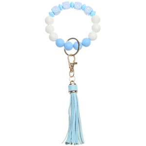 Detailed macro of LOVE letter beads on macaque color silicone wristlet keychain
