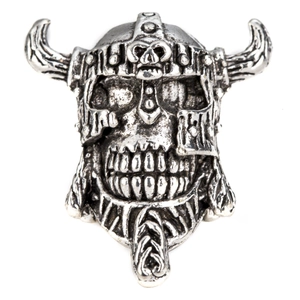 Macro shot of a Viking skull bead with horned helmet and antique silver finish details