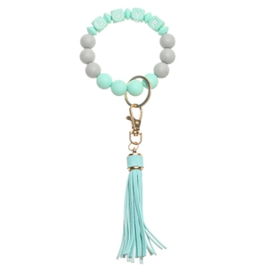 Detail of mint green and grey silicone bead keychain bracelet with LOVE letter cubes