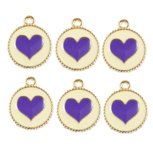 Set of 6 round alloy heart charms with purple enamel and gold beaded edges for DIY jewelry