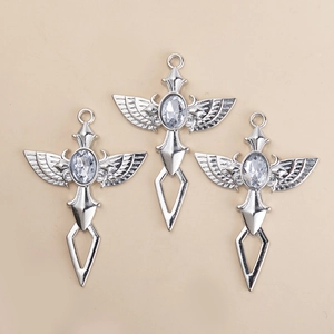 Pendentifs de collier croix gothique en argent avec ailes d'ange et pierres ovales