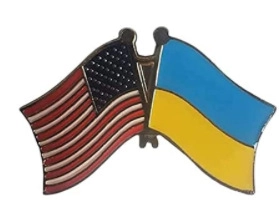 Detail view of crossed USA and Ukraine flags enamel lapel pin with gold metallic finish
