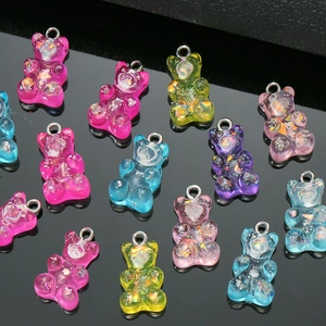 Set of colorful resin gummy bear charms with glitter sequins and silver metal hooks