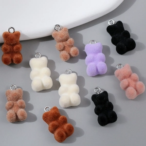 Colorful flocked mini bear charms with silver metal rings for DIY jewelry making