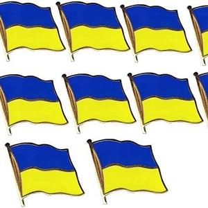 Set of 10 Ukrainian flag enamel pins with wavy design and golden metal edges