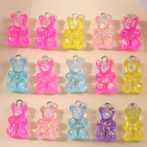 Set of 15 colorful glitter resin gummy bear charms with silver rings for DIY jewelry
