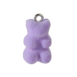 Detail of light purple flocked bear pendant with silver metal loop for DIY jewelry