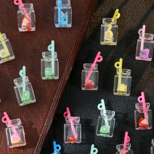 Miniature transparent resin fruit drink charms with straws for DIY jewelry making and crafts