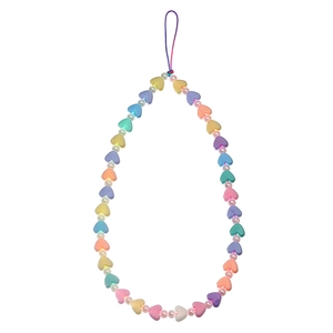 Detail of colorful macaron heart acrylic beads and pearls on the stylish phone charm