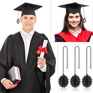 Three-piece set of black oval graduation cap tassel charms with vintage filigree metal frames