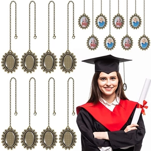 Detail of 8 bronze photo charms for graduation caps with vintage engraved frames