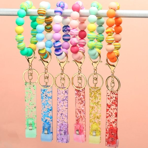 Silicone Bead Wristlet Keychain Card Clip Holder Alloy Ring Acrylic Bracelet Key Ring For Long Nails Women Card Grabber