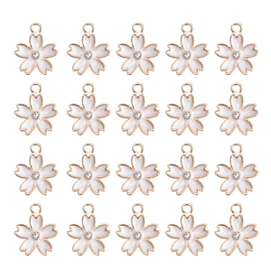 Lot de 20 breloques cerisier en émail blanc avec monture dorée et zircon central