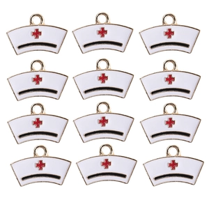 Set of 12 white enamel nurse hat alloy pendants with red cross and gold trim