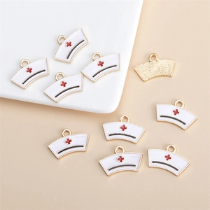 Fashionable white nurse hat enamel charms with red cross for DIY jewelry making