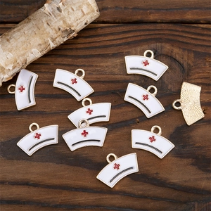 White enamel nurse hat alloy charms with red cross and gold base for DIY jewelry making