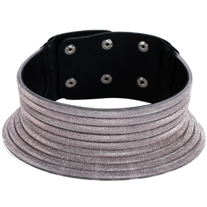 Etnische brede zilveren glitter leren choker ketting met verstelbare metalen drukknopen