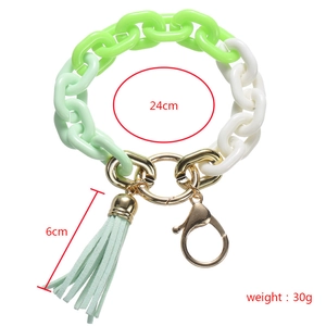 Llavero de pulsera con cadena gruesa de acrílico degradado verde y borla de cuero