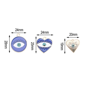 Trois breloques œil bleu en alliage de forme cœur et ronde pour création de bijoux DIY