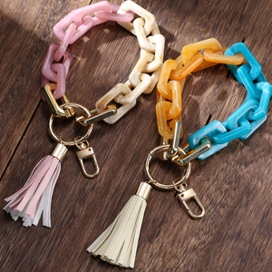Acrylic chunky chain bracelet keychain with colorful links, metal ring and faux leather tassel