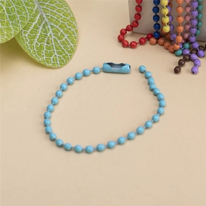 Light blue beaded ball chain with connector for DIY jewelry and colorful metal tags