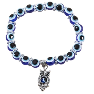 Bracelet de perles Evil Eye bleues avec pendentif hibou rétro et perles en argent