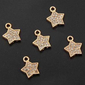 Set of five gold five-pointed star charms with sparkling rhinestones for DIY jewelry