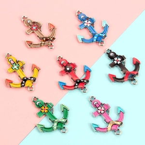 Colorful enamel anchor charms with flower details and double loops for DIY jewelry making