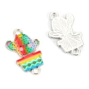 Rainbow enamel cactus pendant with dual loops for DIY jewelry making and bracelets