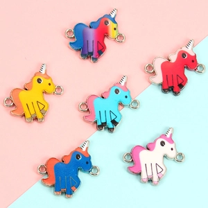 Detail view of colorful enamel unicorn charms with double loop alloy connectors