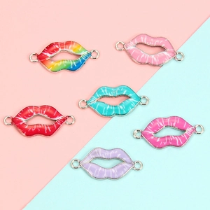 Lip-shaped alloy connectors with colorful drip oil finish and double rings for DIY jewelry
