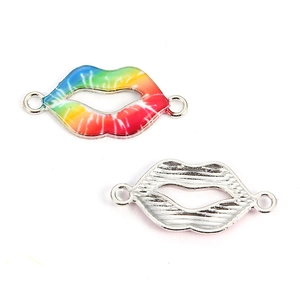 Rainbow enamel lip-shaped alloy charms for DIY jewelry making with dual connector rings